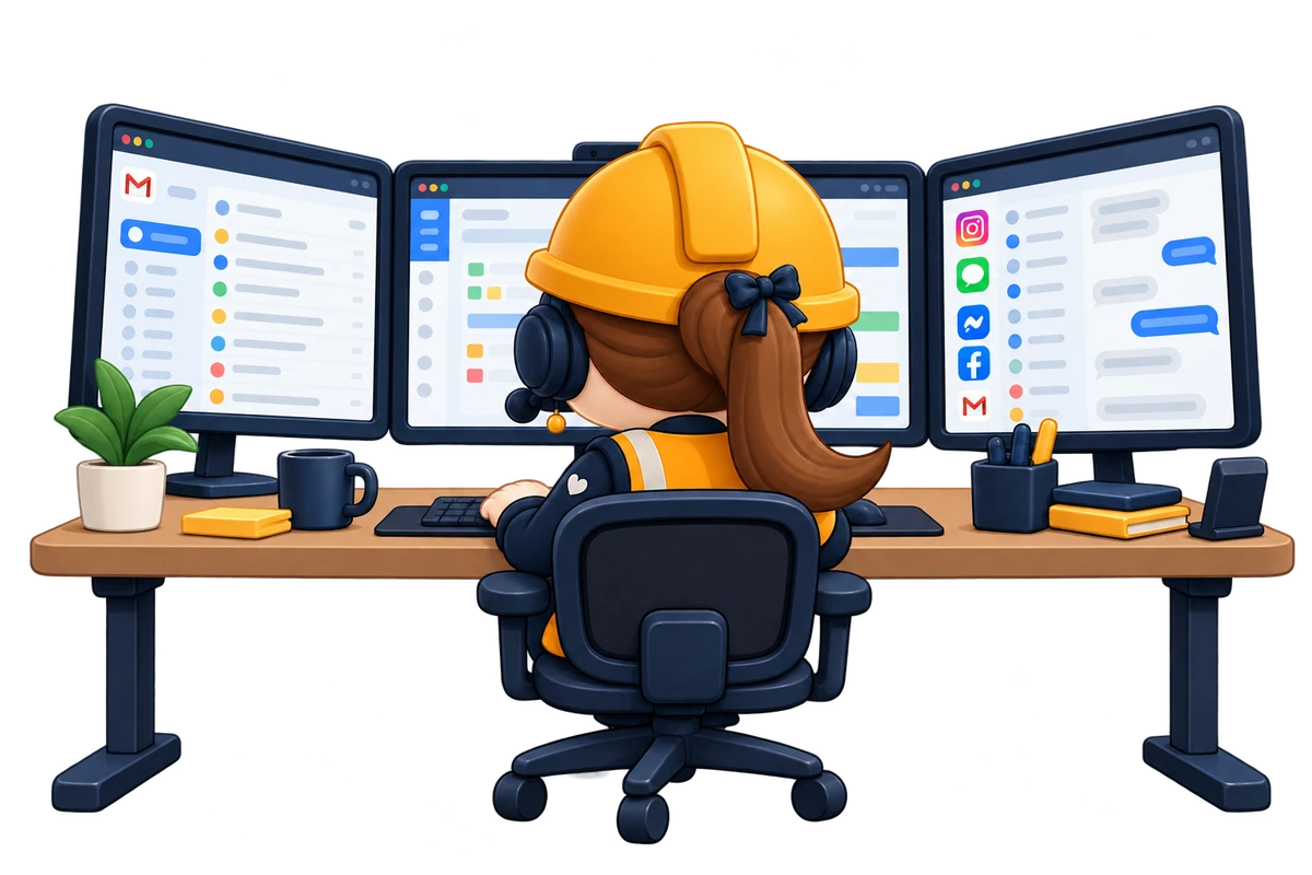 Claudia, the CallCrew office manager, working at a desk with three monitors showing email, jobs and messages